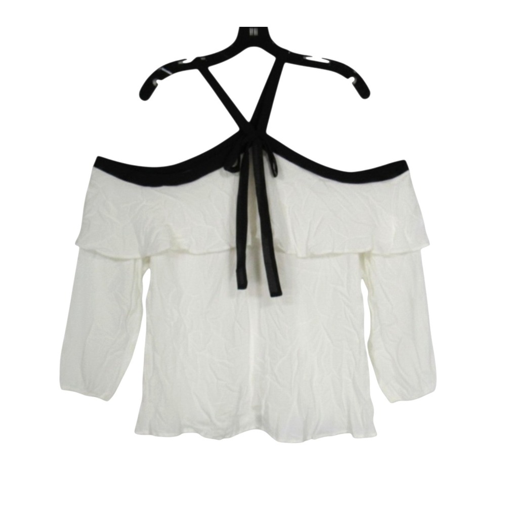 NWT ENTRO White CREPE Halter Neck OFF-THE-SHOULDER Ruffle Tie Bow BLOUSE/TOP L